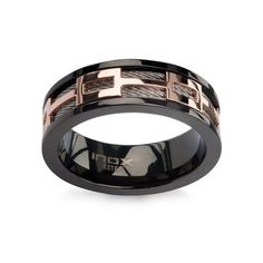 Men's 8.0mm Cable and Geometric Spinner Band in Tri-Toned IP Stainless Steel | Zales Modern Metal Jewelry With Black Band, Modern Stainless Steel Jewelry With Black Band, Black Metal Band Jewelry, Modern Black Tungsten Carbide Jewelry, Modern Black Titanium Jewelry, Rose Gold Wedding Ring Sets, His Ring, Wedding Rings Rose Gold, Size 10 Rings