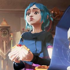 a woman with blue hair holding a sandwich in her hand and looking up at the sky