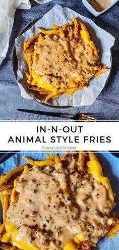 2 photos of in-n-out animal style fries served on a grey plate with baking paper. On the top photo, there is an extra serving of animal style sauce in a small white bowl, and a fork. The bottom photo is a close up shot of the fries. Party Food Appetizers Easy, Loaded Fries Ideas, Easy American Recipes, Fries Ideas, Animal Style Fries Recipe, Loaded Fries Recipe, Animal Style Fries, Loaded Fries, In N Out