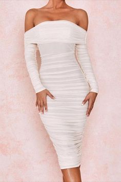 Shop this White Off Shoulder Bodycon Midi Dress With Long Sleeves at a very affordable price. We offer the best fashion pieces for every woman who wants to look her best! For more women's clothing and accessories, visit Pradize.com! | Women's Outfit and Style | Online Boutique Fashion Store Dress Party Night, Mesh Bodycon Dress, Bandage Dress Bodycon, Midi Cocktail Dress, Little White Dresses, Bodycon Dresses, White Midi Dress, Ruched Dress, Midi Dress Bodycon