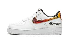 White/multicolour/tour yellow leather Air Force 1 '07 "Drew League" sneakers from NIKE featuring signature Swoosh logo detail, text print, panelled design, perforated, logo patch at the tongue, round toe, front lace-up fastening, signature Air cushioning and rubber sole.  These styles are supplied by a premium sneaker marketplace.  Stocking only the most sought-after footwear, they source and curate some of the most hard to find sneakers from around the world. . Nike Casual, Nike Air Force 1 07, Text Print, Stadium Goods, Mens Nike Air, Swoosh Logo, Air Force 1 Low, Yellow Leather, Mens Sportswear