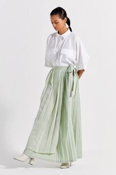 White anti-fit shirt with patch pockets. Comes with mint asymmetric pleated maxi skirt. - Aza Fashions Asymmetric Skirt, Pleated Maxi Skirt, Skirt For Women, Pleated Maxi, Asymmetrical Skirt, Skirt Women, Skirts Online, Green Shirt, Green Skirt