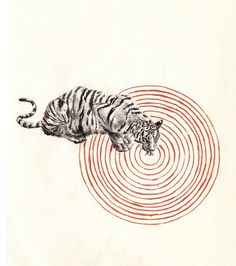 a drawing of a tiger in front of a red and white circular design on paper