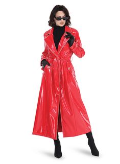 Love the Queen  Style 17579,RED1 Pc. Dress Belted Long Coat For Party, Fall Party Outerwear With Belted Cuffs, Faux Leather Trench Coat, Queen Style, Red Trench Coat, Faux Leather Coat, Denim Maxi Dress, Leather Trench, Belted Trench Coat