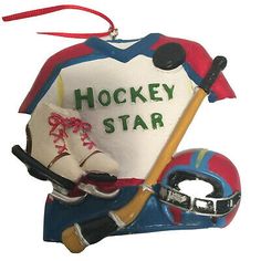 a hockey ornament hanging on a wall