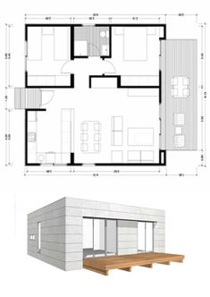 two plans for a small house, one with a bedroom and the other with a living room