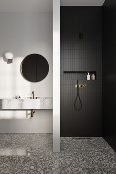 a bathroom with two sinks, a mirror and a shower head in the middle of it