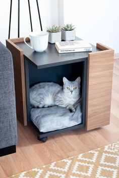 a cat laying on top of a pillow in a small wooden cabinet next to a couch