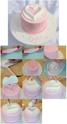 a collage of photos showing different types of cakes with hearts on the top and bottom