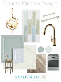 a kitchen design board with gold accents and white walls, including an overhead light fixture