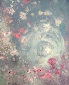 an abstract painting with pink and white flowers floating in the air on a gray background