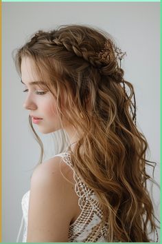 a woman with long hair wearing a white dress and braided in half - up