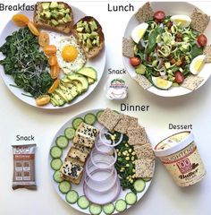 three plates with different types of food on them, including eggs, bread and salad