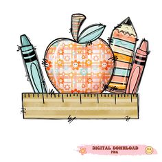 an apple and pencils sitting on top of a ruler