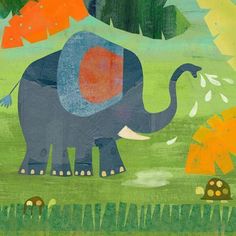 an elephant is standing in the grass with trees and rocks behind it, painted on wood