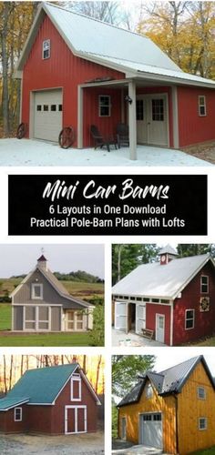 several pictures of different types of barns and garages with lofts, windows, and doors