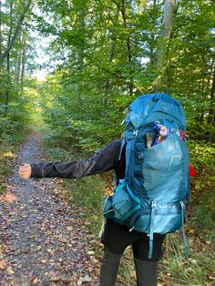 a person with a blue backpack walking on a path in the woods