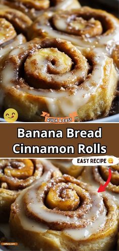 cinnamon rolls with icing on top and an easy recipe below