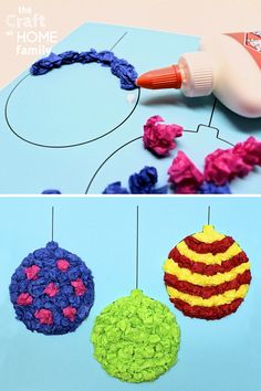 the process to make crochet ornaments is shown with yarn and glue on it