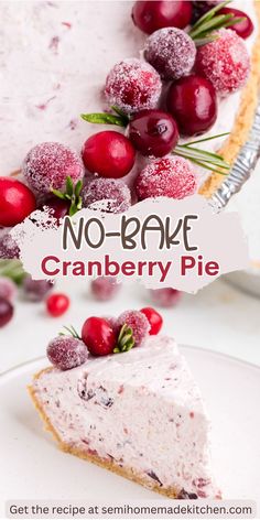 a slice of no bake cranberry pie on a plate with cherries