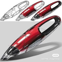 an artistic rendering of a futuristic vehicle with two different angles and the top one is red