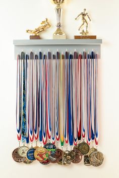 a wall mounted medal rack with medals and trophies on it's sides in front of a white wall