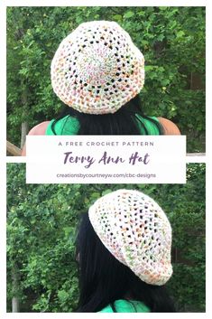 a woman wearing a crochet hat with the text free crochet pattern