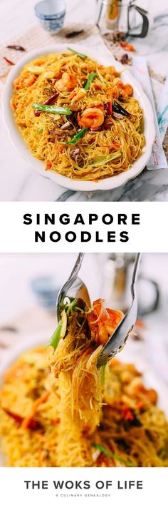 two plates with noodles on them and the words singapore noodles written in black