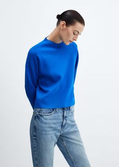 Perkins neck knitted sweater - Women | Mango USA Perkins Neck Sweater, Satin Shorts, Tailored Shorts, Blue Scarf, Knitting Women Sweater, Spring Trends, Ulla Johnson, Tweed Jacket, Knitted Sweater