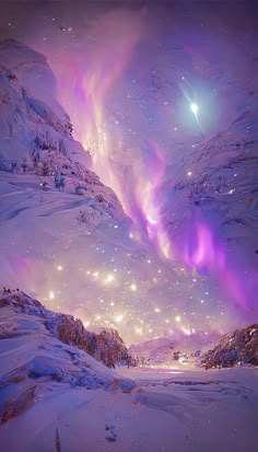 the aurora lights shine brightly in the sky above snowy mountains