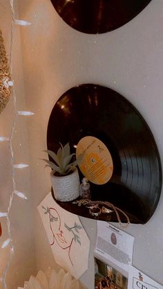 there are two vinyl records on the wall next to flowers and other items in front of them