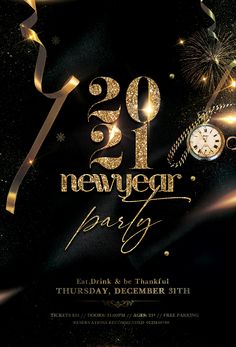 a new year party flyer with fireworks and clock on it's black back ground