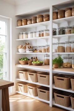 an organized pantry with lots of baskets and food on the shelves in front of a window