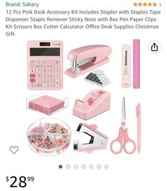 a pink calculator, scissors, and other office supplies are on sale for $ 28 99