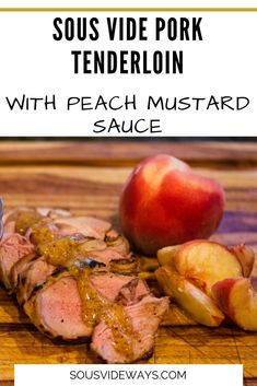 sliced pork with peach mustard sauce on a cutting board next to an apple and knife