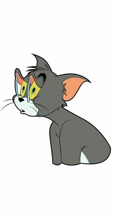 a cartoon cat with yellow eyes and an orange nose looking at something in the distance