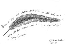 an ink drawing of a feather with writing on it