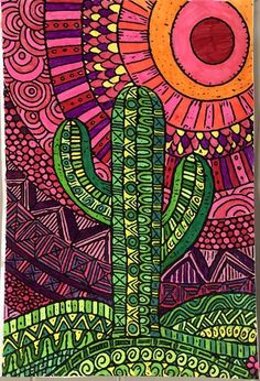 a drawing of a cactus and the sun