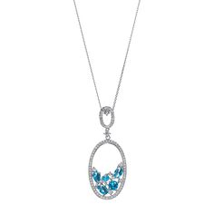 Decorated with an array of blue and white cubic zirconia stones, this oval necklace heightens your look. PENDANT DETAILS Pendant length: 1.9 in. Chain length: 18 in. Chain type: rolo Clasp: spring-ring Metal: sterling silver Finish: polished Packaging: boxed CUBIC ZIRCONIA DETAILS Total weight: 2 1/5 ct. Shape: oval, pear, round brilliant cut Color: blue, white Setting: prong Gemstones may have been treated to enhance their appearance. Special care may be required. Size: 18". Gender: female. Age Oval Pendant Necklace, Oval Necklace, Ring Metal, Oval Pendant, Cut And Color, Metal Rings, Spring Rings, Chain Lengths, Round Brilliant