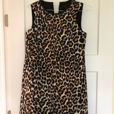 New Never Worn Without Tags! Size 2 A Line Dress From Jcrew Cheetah Pattern With Black Trimming Brown Sleeveless Tiger Print Dress, Sleeveless Brown Tiger Print Dress, Casual Leopard Print Dress For Office, Casual Leopard Print Dress For Workwear, Sleeveless Leopard Print Dress For Fall, Cheetah Pattern, Cheetah Dress, Line Dress, Black Tan