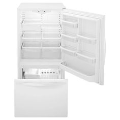 an open refrigerator and freezer combo on a white background