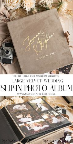 the wedding album is open and ready to be used as a photo album for guests