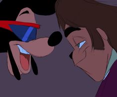 an animated image of mickey and goofy face to face with each other's mouths