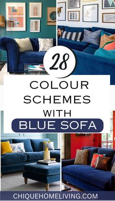 blue sofas with text overlay that reads 28 color schemes with blue sofa