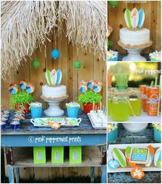 a table topped with cakes and desserts covered in frosting