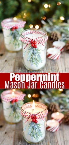 peppermint mason jar candles with christmas decorations on them