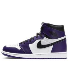 This pair of Air Jordan 1 keeps its signature elements - high-top silhouette, full-grain leather and iconic Wings logo. Dressing in a white, black and purple color scheme, the design gives the classic silhouette an unique twist. (AJ1/SNKR/Unisex/High Top/Basketball/Wear-resistant) Jordan 1 1985, Air Jordan Outfit Women, Air Jordan Men, Purple Basketball Shoes, Air Jordan Outfit, Purple Basketball, Original Air Jordans, Air Jordan 1 Shoes, Purple Color Schemes