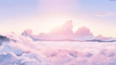 the sky is filled with fluffy clouds as the sun shines in the distance behind them