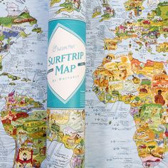 an image of a map with the words surf trip on it and a can of beer