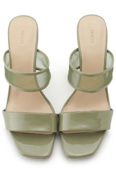 Sheer Slip Heeled Mule Sandals – SNIDEL Green High Heel Mules For Summer, Summer Green Open Heel Mules, Green Open Heel Mules For Summer, Modern Strappy Sandals For Summer, Green Evening Mules For Summer, Green Summer Evening Mules, Elegant Green Mules For Summer, Elegant Green Summer Mules, Strappy Mules For Spring